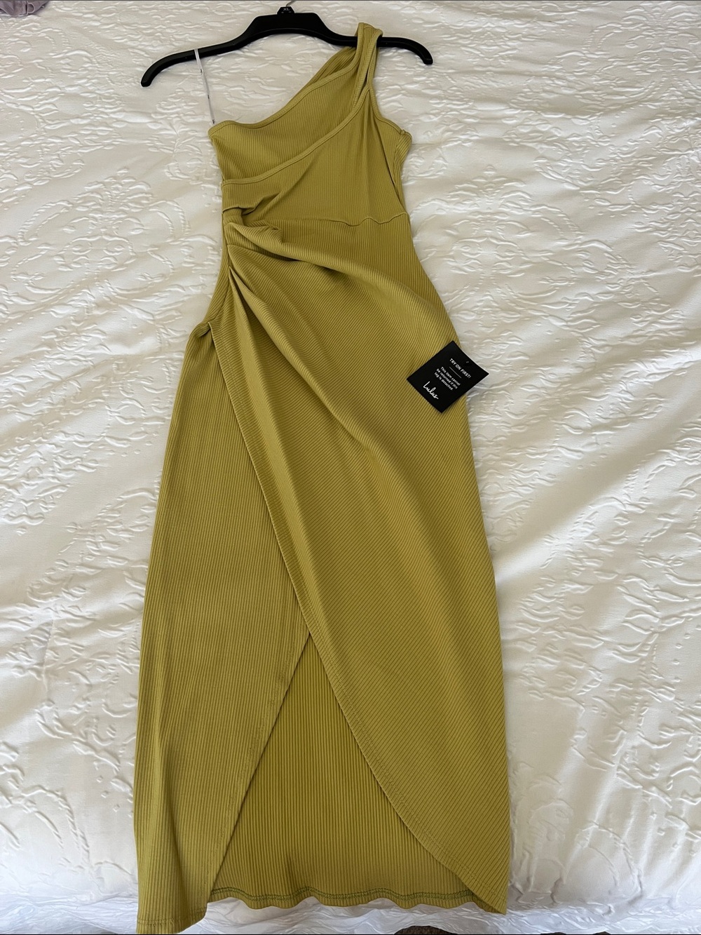 Lulu's One-Shoulder Olive Green Ribbed Wrap Midi Dress